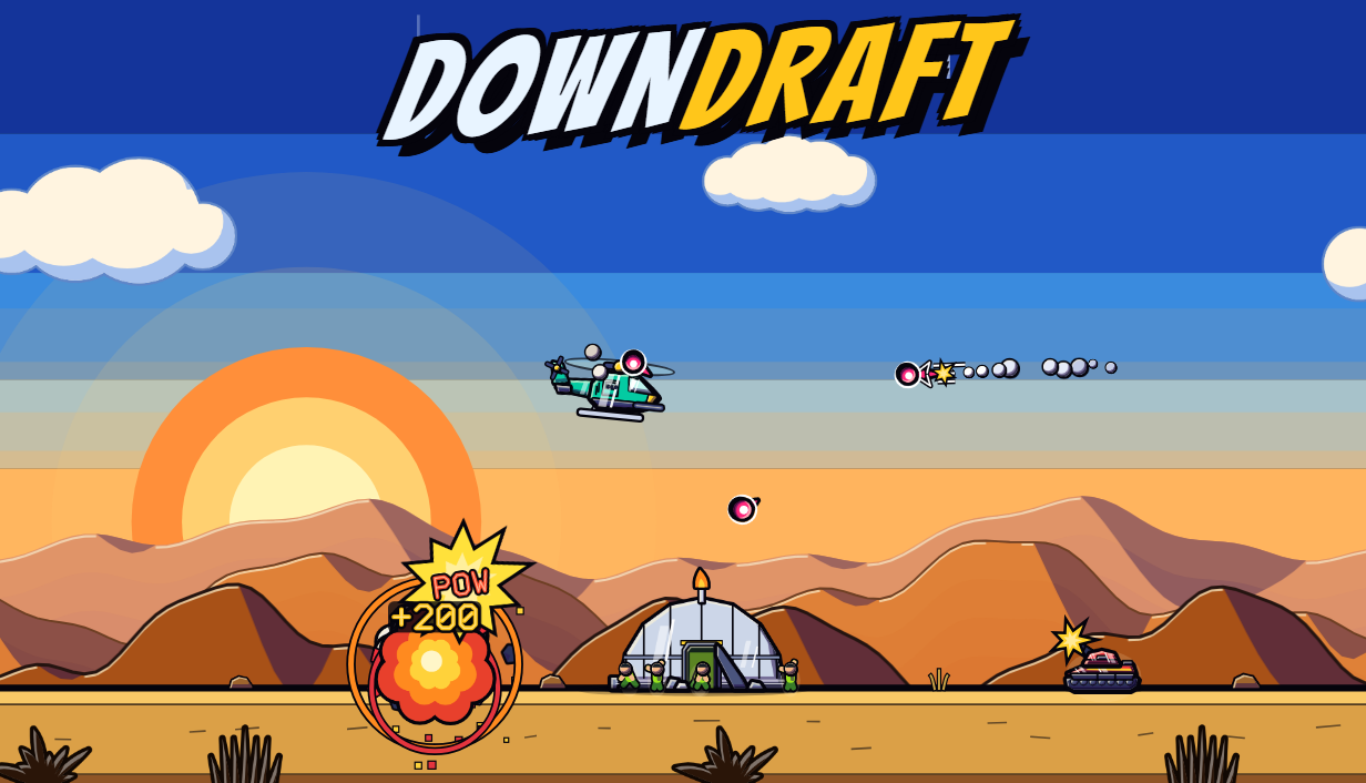 Downdraft: a rescue helicopter under fire above a desert prison, with the game's title across the top.