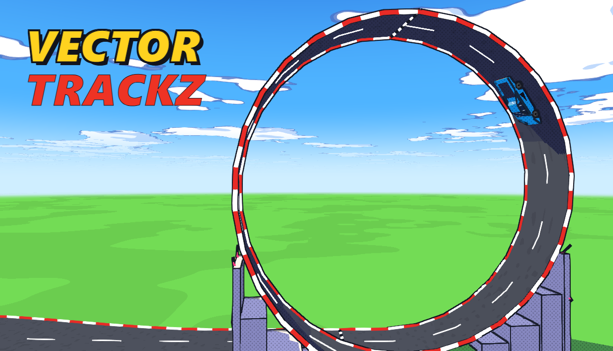 Vector Trackz: a cel-shaded cartoon stunt car driving a full loop under a bright blue sky, with the game's title across the top.