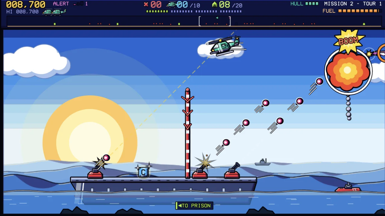 The green rescue helicopter hovers above a warship while its red deck guns fire pink shells at it and an enemy gun explodes in a BOOM burst against a sunny sea sky.