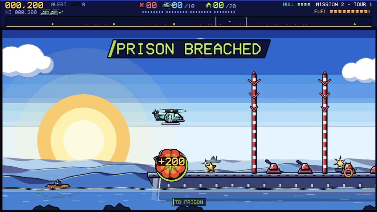 A PRISON BREACHED banner over a grey warship deck bristling with red gun turrets and striped masts, the green rescue helicopter hovering above and a +200 ring marking the broken-open prison.