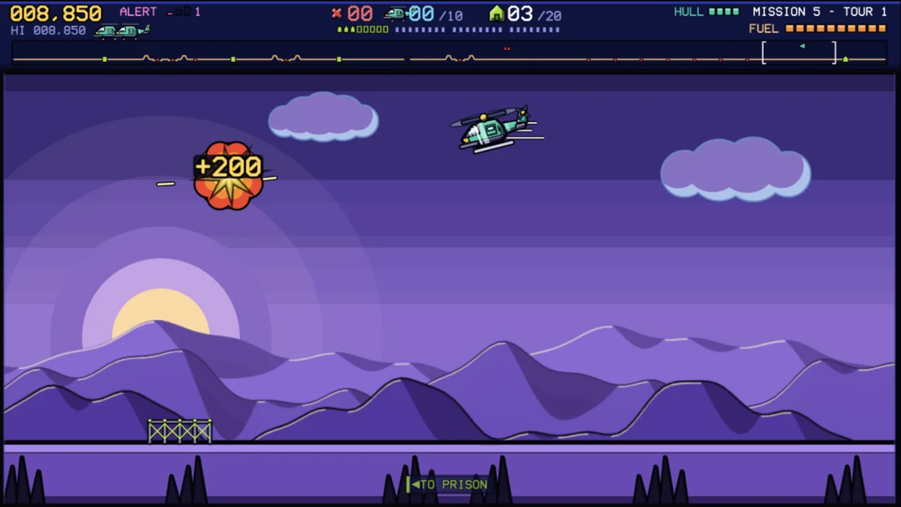 The helicopter flies over purple mountain ridges under a pale sun while an enemy gun explodes in the air beside it with a +200 score pop, in the Cavern mission.