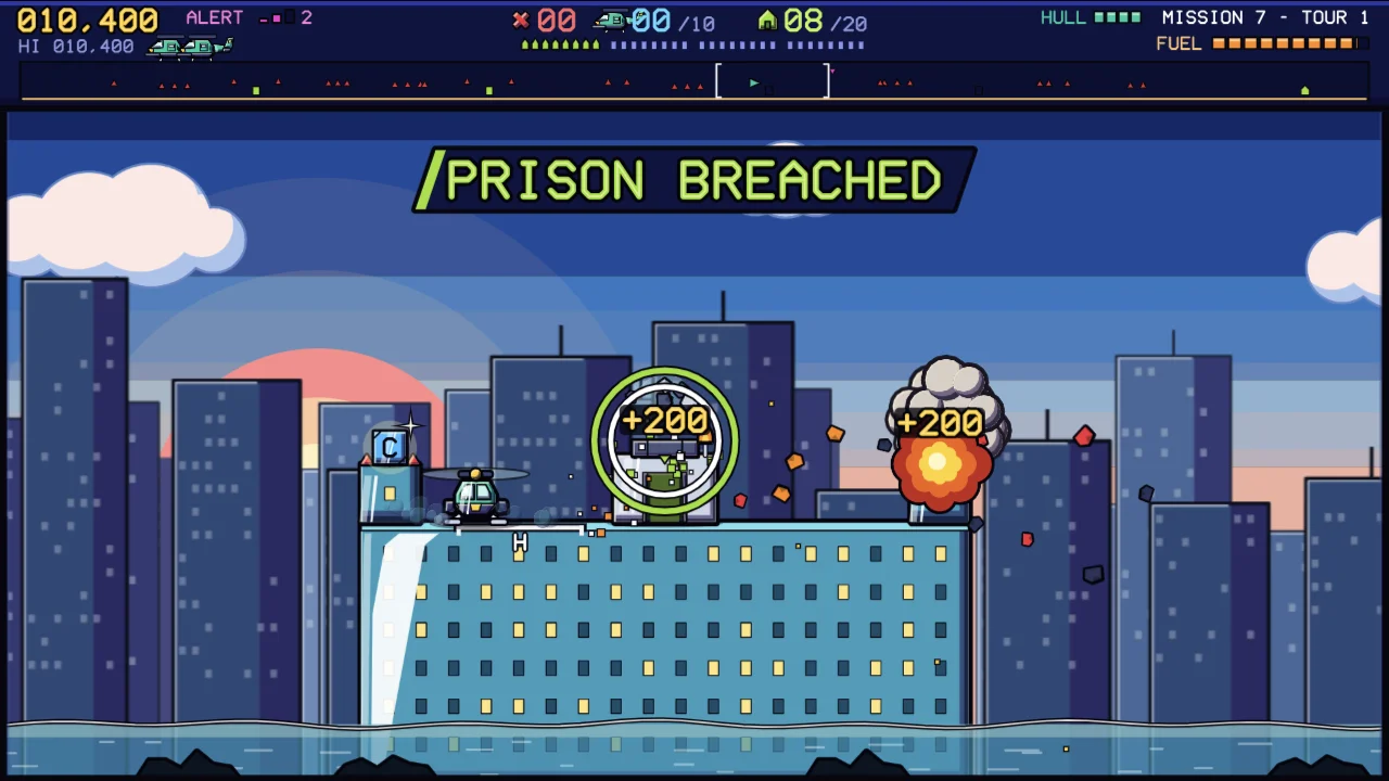 PRISON BREACHED on a city rooftop: the helicopter flies past a blue skyscraper with lit windows as an explosion and a +200 ring mark the opened prison.