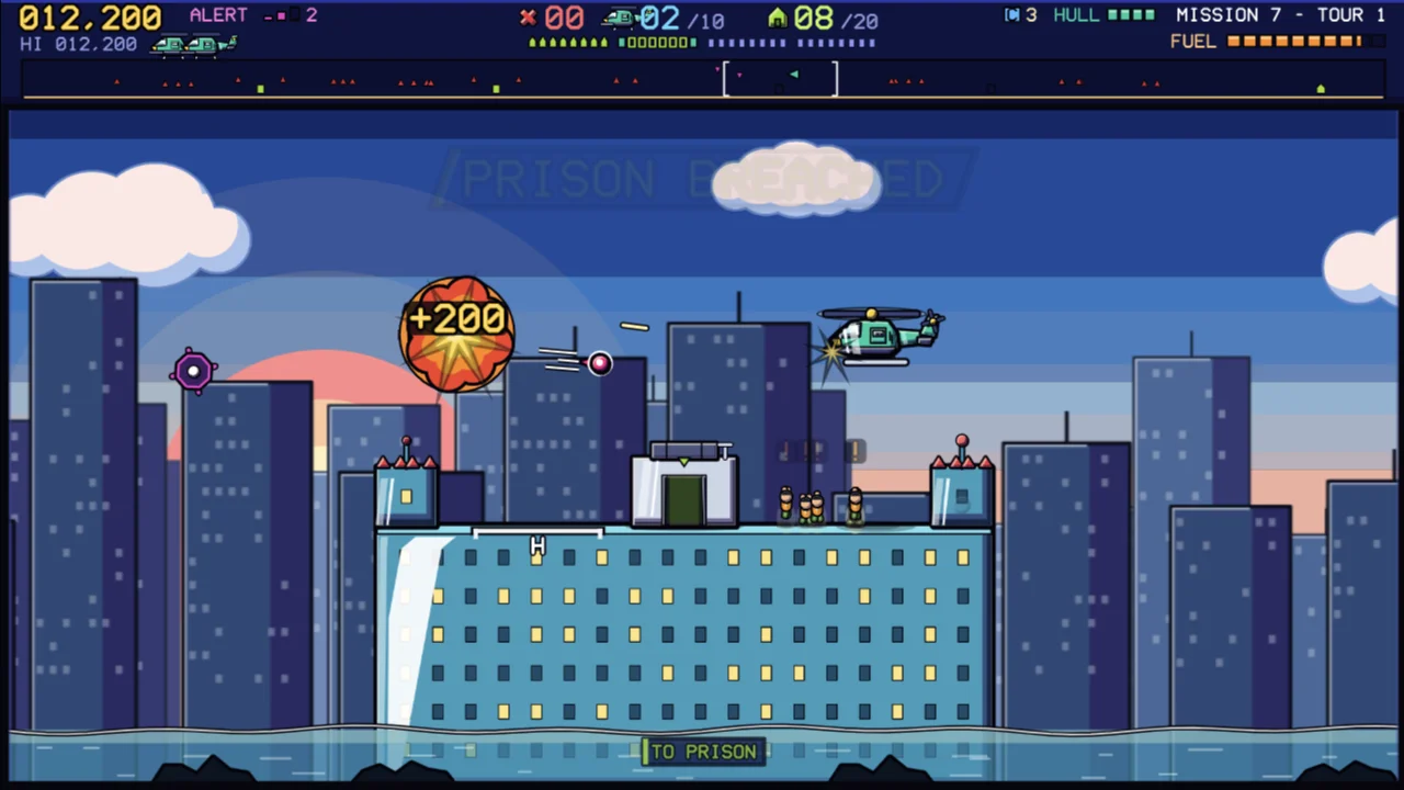 The helicopter dodges enemy shells from rooftop gun turrets on a blue skyscraper at dusk while an explosion bursts at the top left of the city skyline.