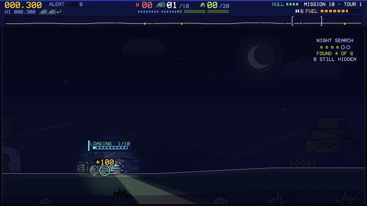 A night mission: the helicopter sits on the ground in the dark, its spotlight beam lighting the ground as it loads a rescued prisoner (LOADING 1/10), with a crescent moon and a Night Search counter at top right.
