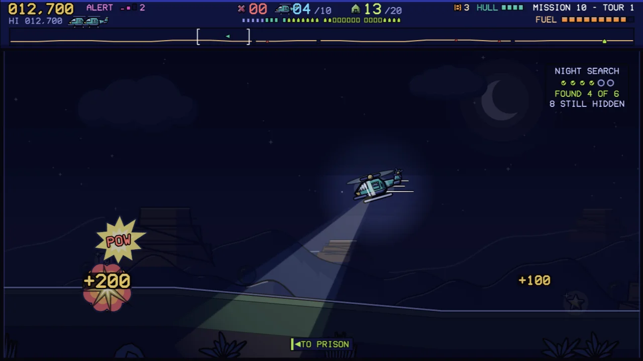 The helicopter sweeps its spotlight beam across a dark night landscape under a crescent moon as an enemy is destroyed in a POW explosion with a +200 pop.