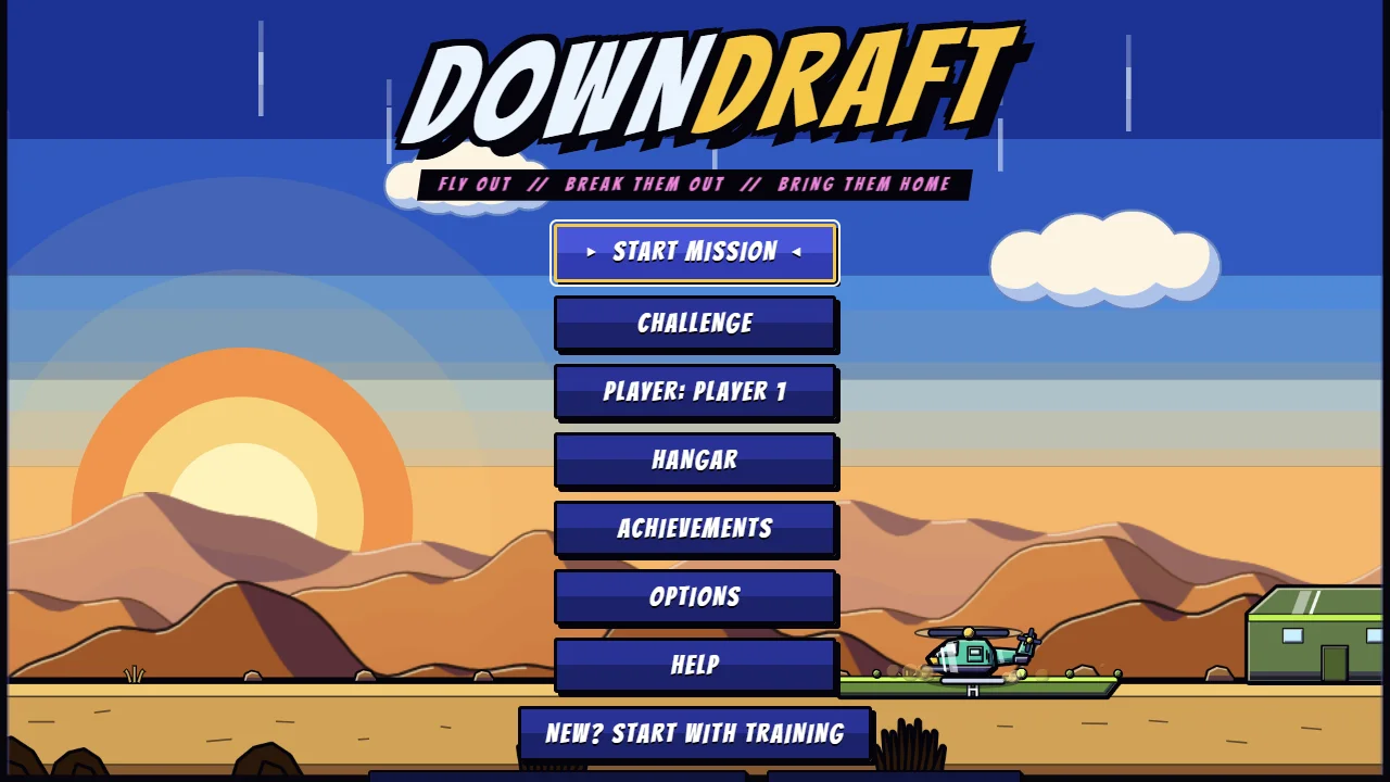 The DOWNDRAFT title screen: the logo and a menu of Start Mission, Challenge, Hangar, Achievements, Options and Help over a desert sunset with a helicopter parked at its base.