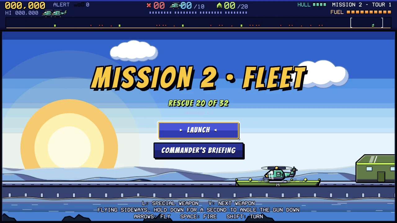 The Mission 2 Fleet briefing card reading RESCUE 20 OF 32, with Launch and Commander's Briefing buttons over a sunlit warship scene.