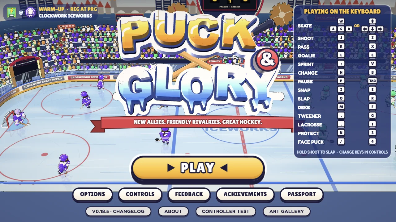 The Puck & Glory title screen: the logo and a big PLAY button over a live 3D cartoon hockey game, with the keyboard controls card at the right.