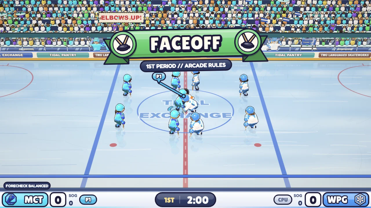 The FACEOFF banner over centre ice as the two teams in light blue and white line up for the drop, the scoreboard along the bottom.