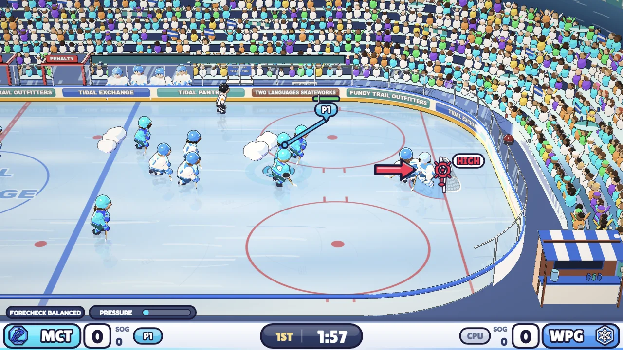 A skater lines up a shot with a red aiming arrow pointing at the net, a goalie waiting in the crease, teammates chasing and the crowd packed behind the boards.