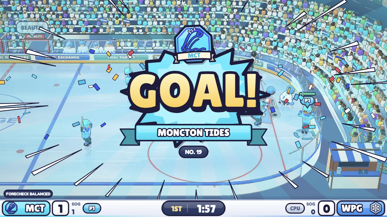 A GOAL! splash with the scoring team crest and name and falling confetti over a blue starburst, the scoreboard showing 1-0.