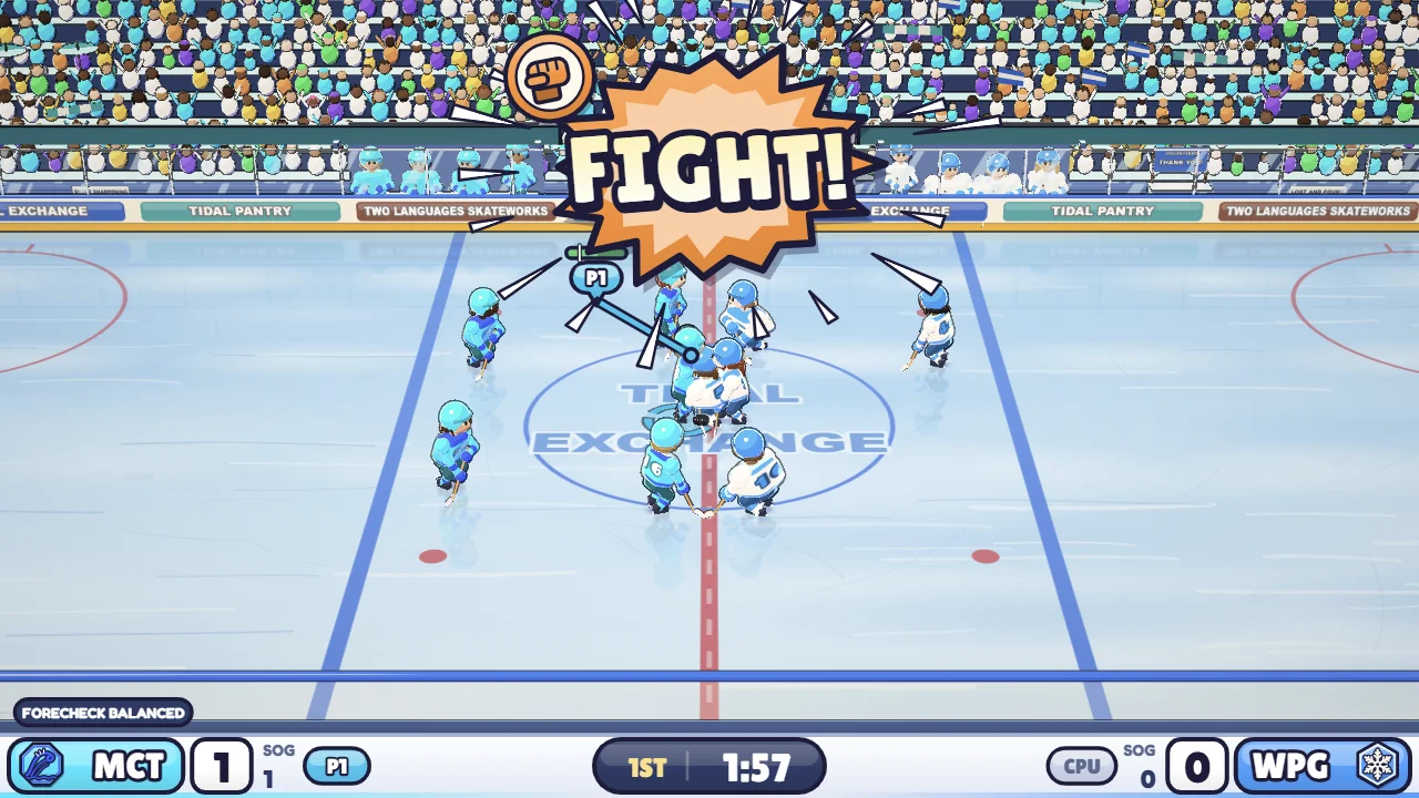 A FIGHT! banner bursts over centre ice as skaters bunch up in a scrum, with impact stars and snow puffs.