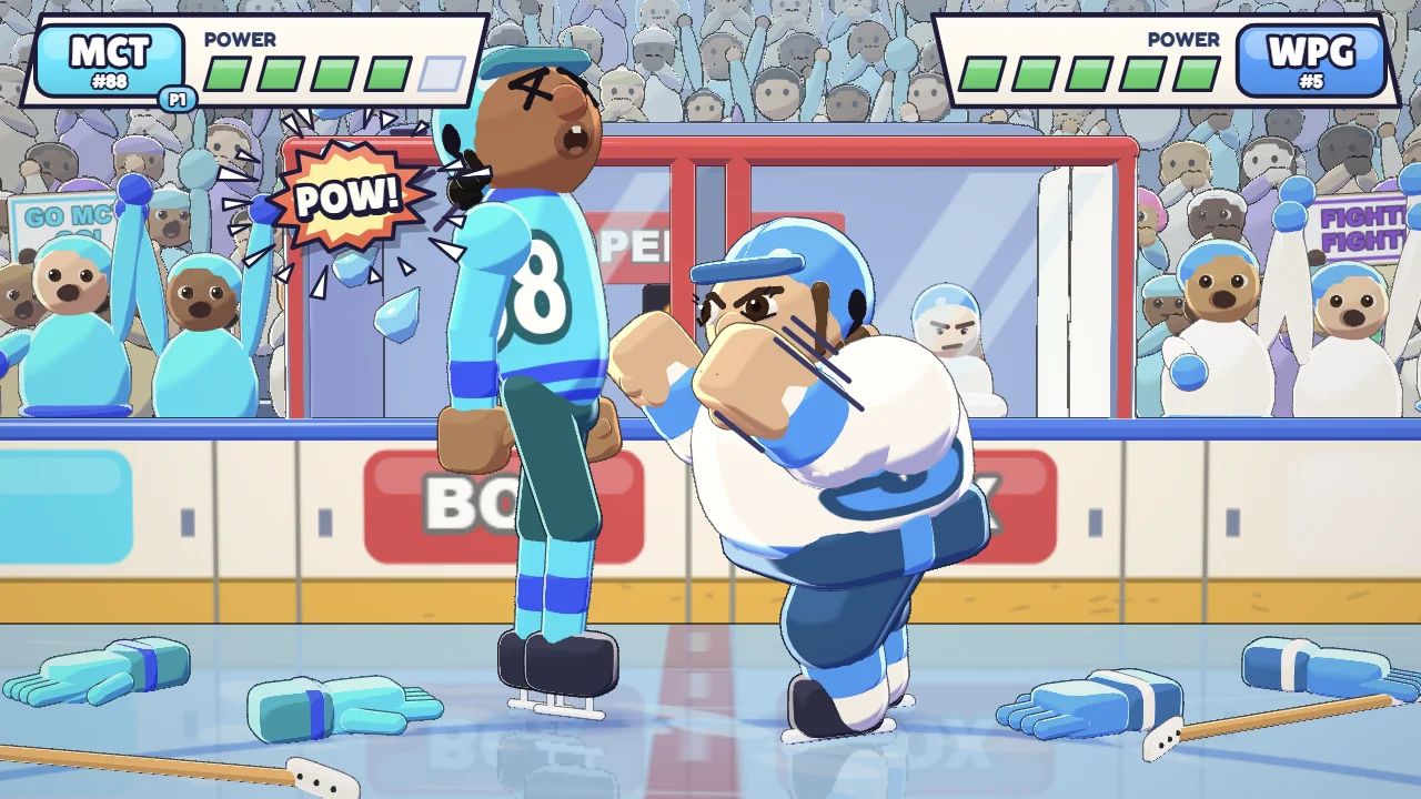 Fight close-up: two skaters trade punches in front of a net with gloves and a stick dropped on the ice, a cheering crowd behind and power bars across the top.