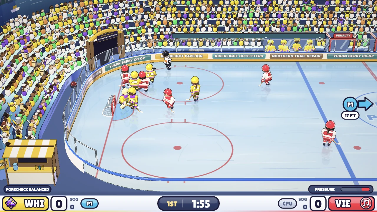 Live play in a second arena: skaters in yellow and purple chase skaters in red and white across the ice, the crowd packed behind the boards and the scoreboard along the bottom.