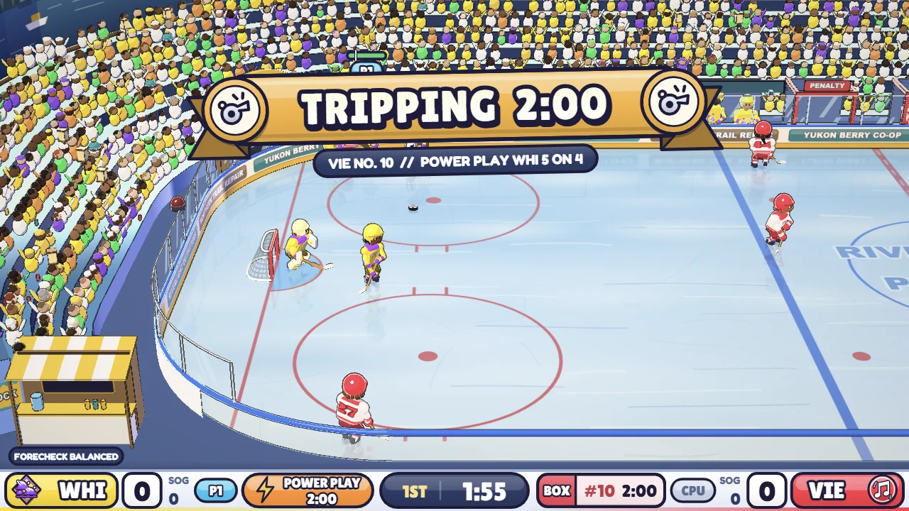 A TRIPPING 2:00 banner announces a power play over centre ice, with the penalty box and a POWER PLAY timer lit in the scoreboard.