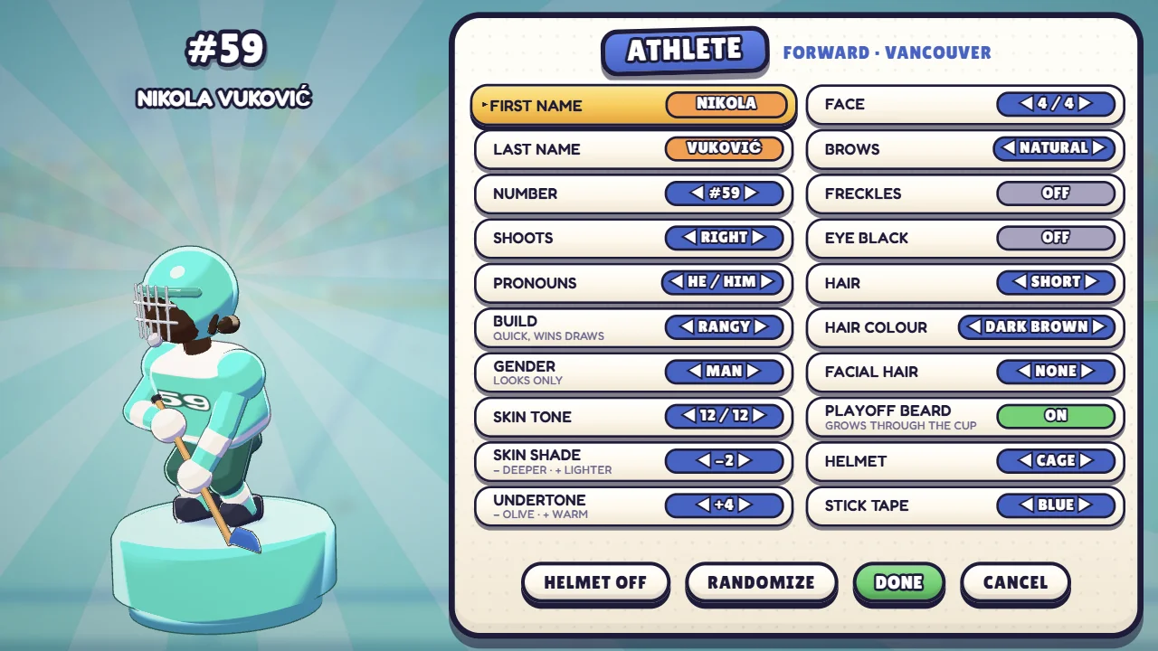 The athlete editor: a skater on a turntable beside a card of settings for name, number, build, hair, skin, helmet and stick tape.
