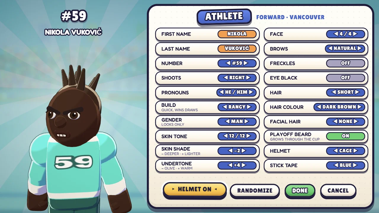 The athlete editor with the helmet off, showing the skater head and shoulders in the team jersey beside the same settings card.
