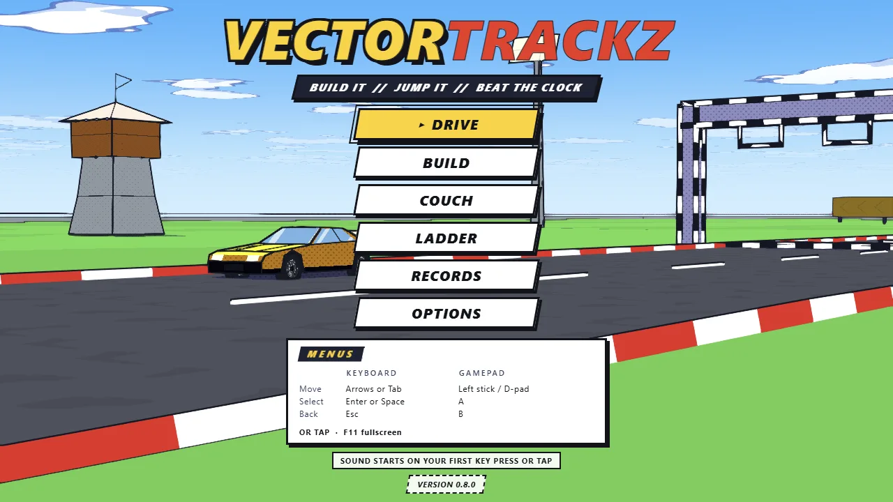 The Vector Trackz title screen: a cartoon sports car on a race track under a blue sky, with DRIVE, BUILD, COUCH, LADDER, RECORDS and OPTIONS on the menu.