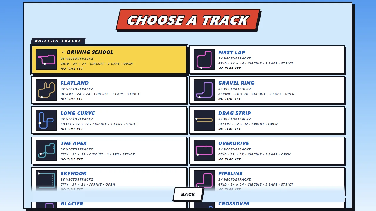 Track select: thirteen built-in tracks, each with a map, its theme, size and lap count.