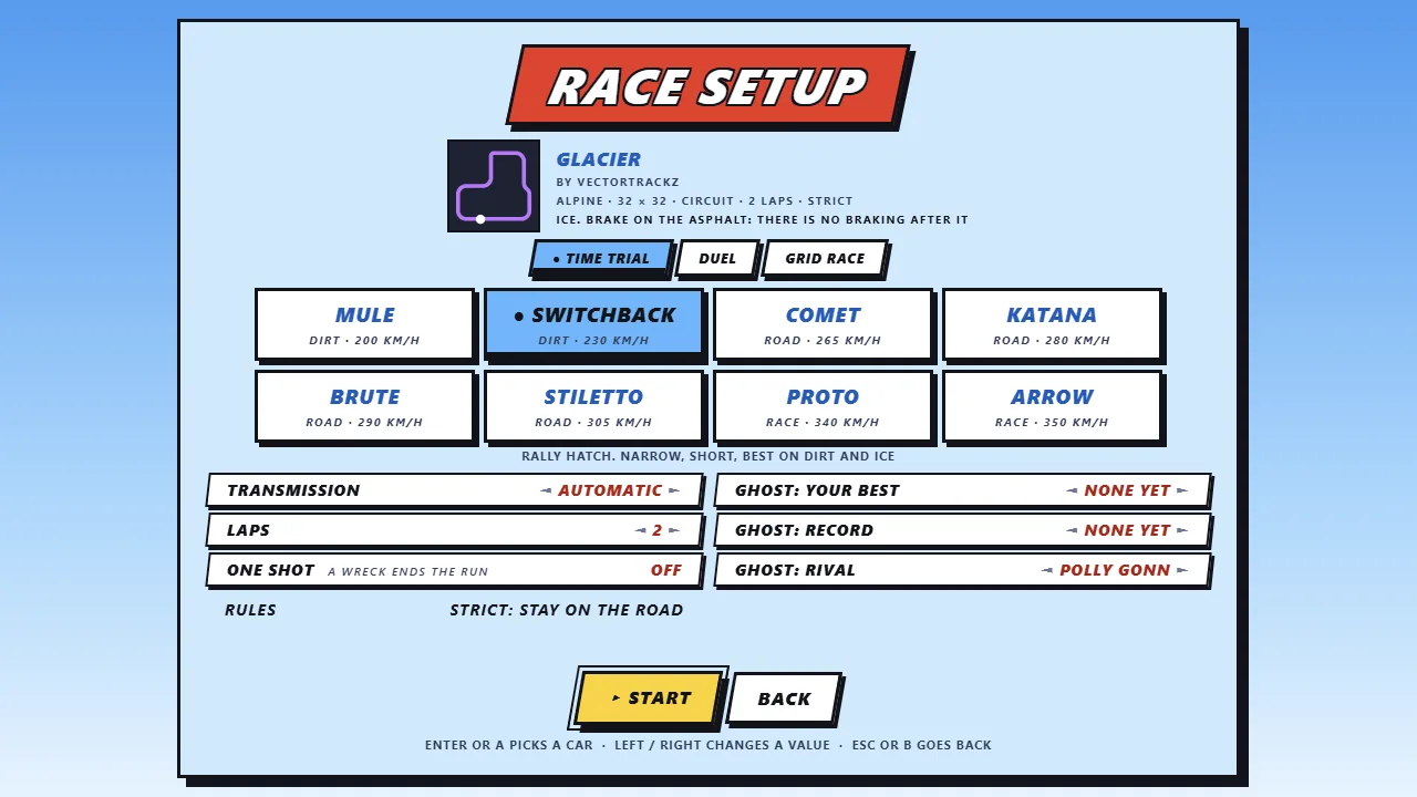 Race setup: pick one of eight cars, each with its tier and top speed, then a mode: time trial, duel or grid race.