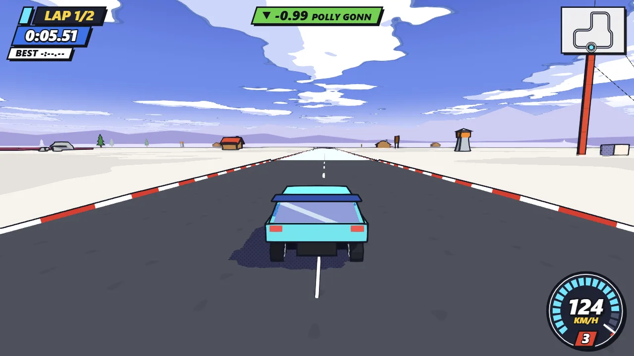 A Switchback hill-climb car racing through an alpine track, from the chase camera.
