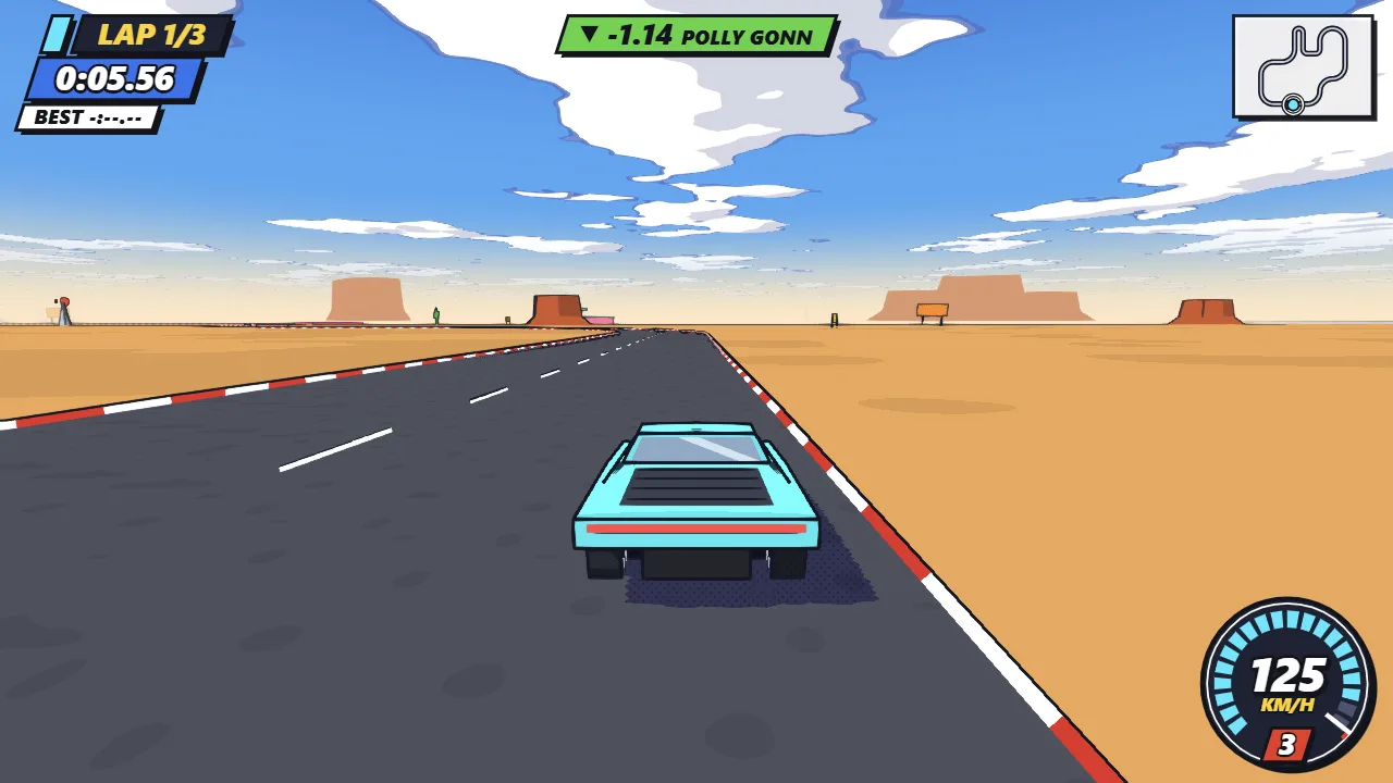 A Katana racing along a flat desert circuit under a bright sky, from the chase camera.