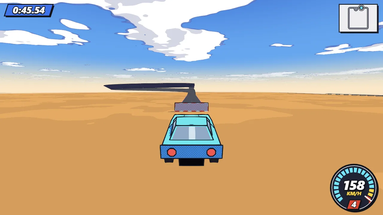 Vector Trackz: the car heads down a desert road toward the big jump ramp on the stunt playground.
