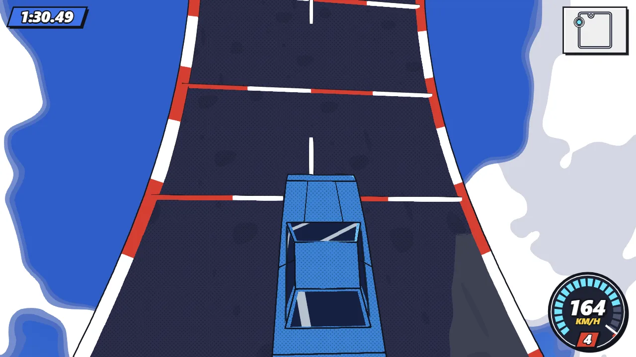 Vector Trackz: the car driving up the vertical loop, seen from behind as the striped road curves up and over.