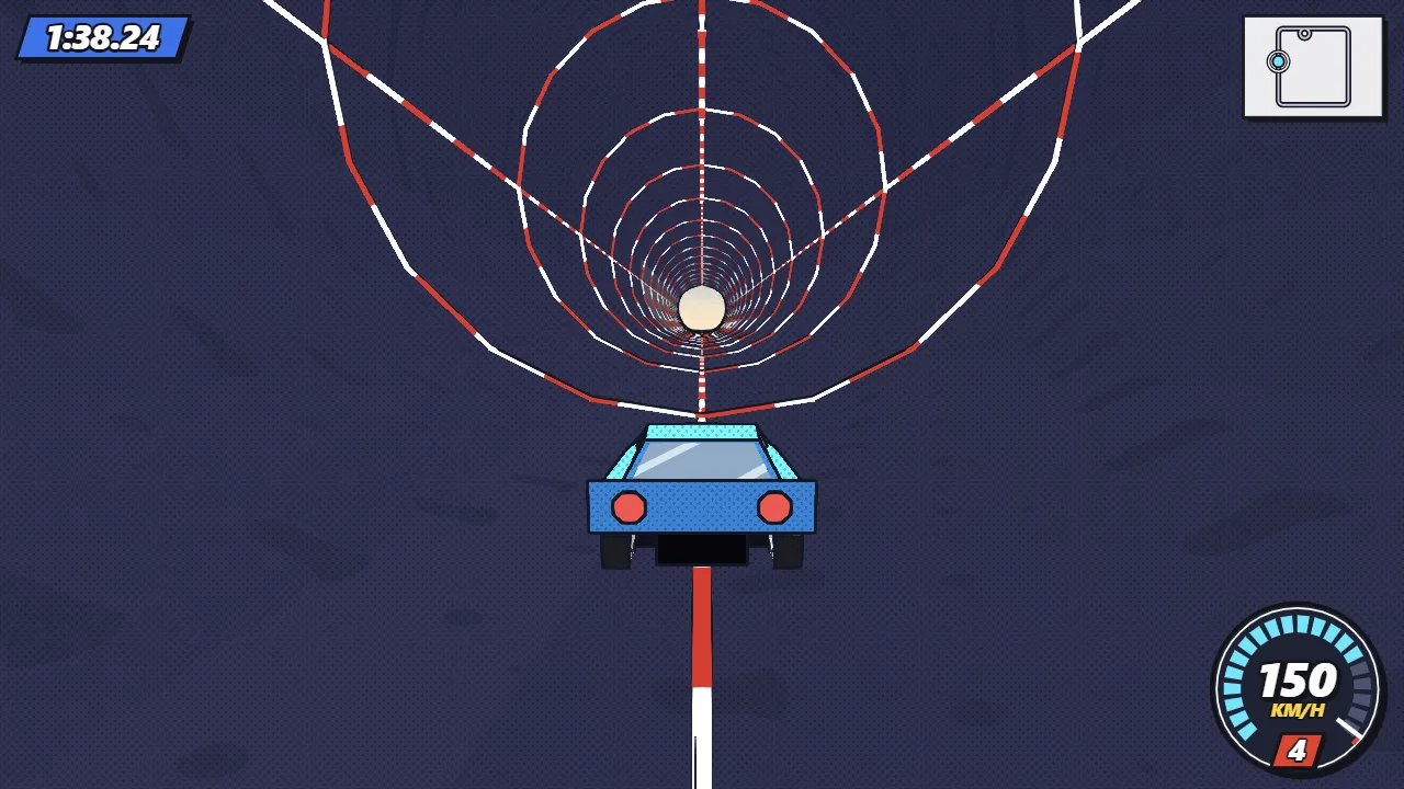Vector Trackz: the car drives through a pipe on the stunt playground, with striped rings receding into the distance.