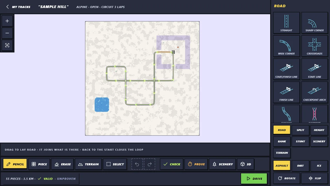 The track builder: a hilly circuit laid out from road pieces on a grid, with the piece palette and tools around it.