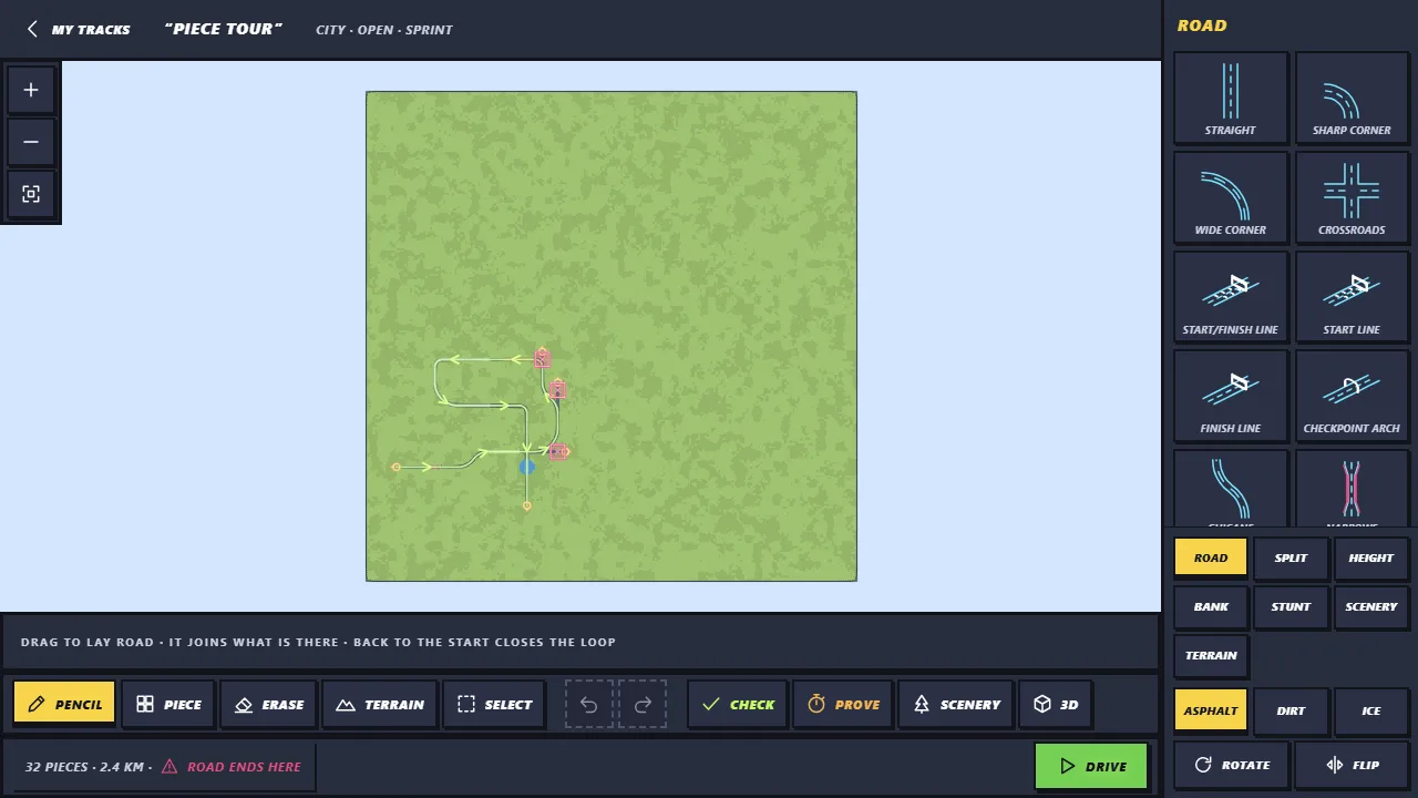 The track builder showing the stunt tour: jumps, loops and pipes joined into one course.